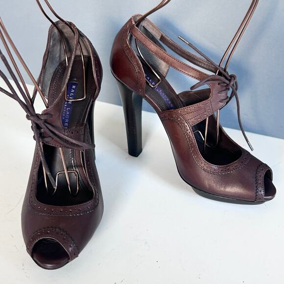 Ralph Lauren Collection heels shoes women's size 8.5 peep toe oxford brown
